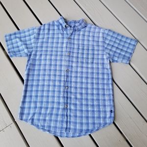 L boys blue plaid button up shirt